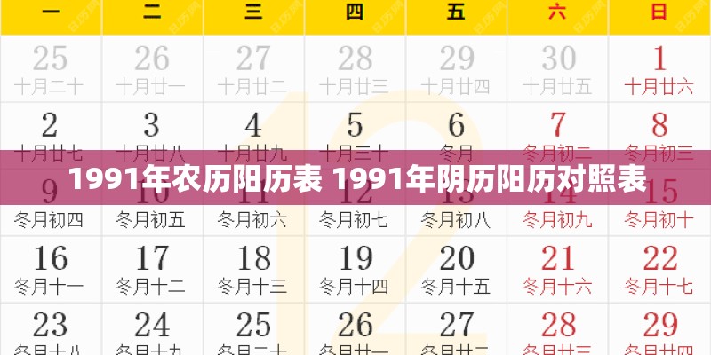 1991年农历阳历表 1991年阴历阳历对照表