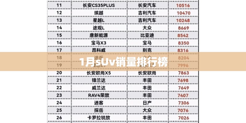 1月sUv销量排行榜